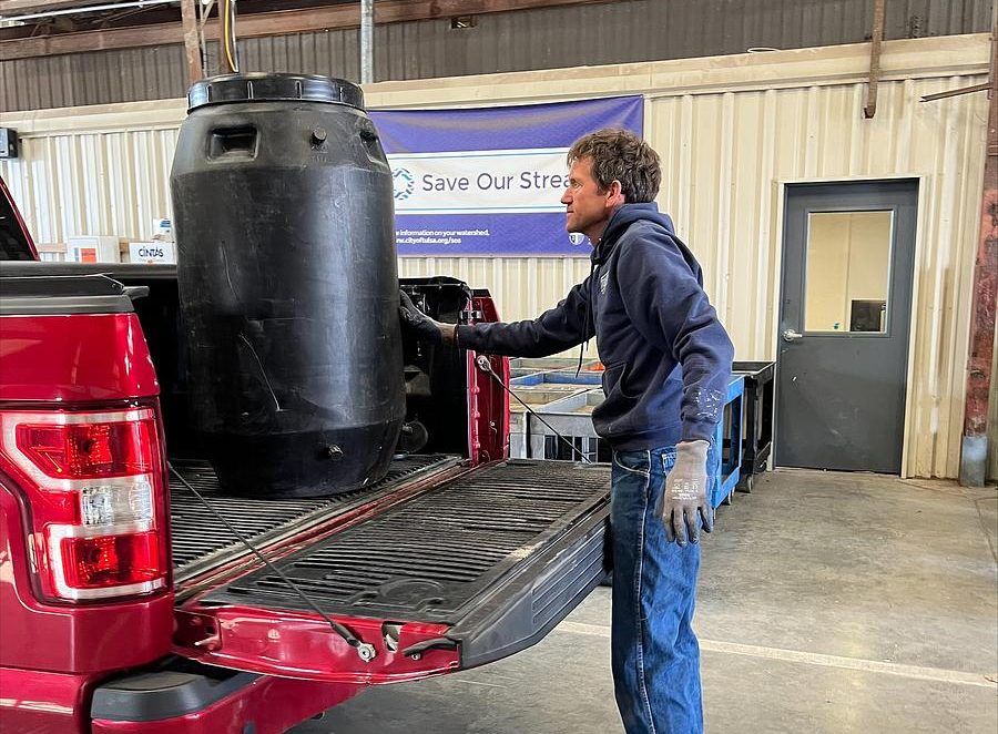 Rain barrels are loaded at the Tulsa Household Pollutant Collection Facility Monday, March 23, 2026.