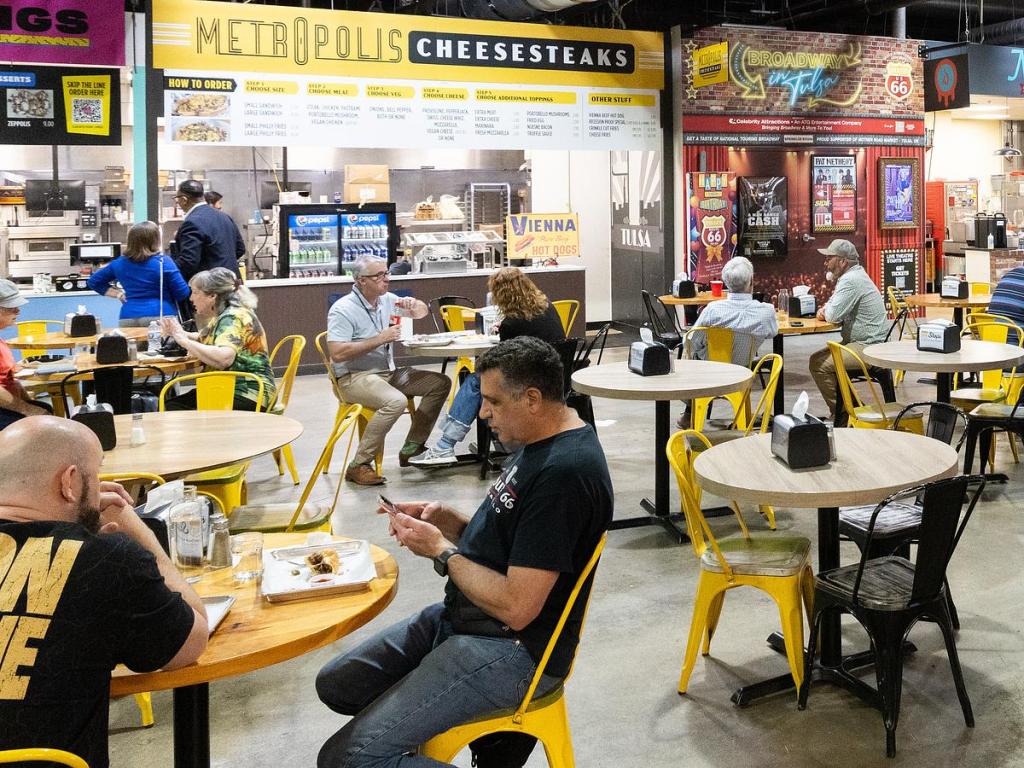 Diners enjoy plates inside Mother Road Market on March 10, 2026.