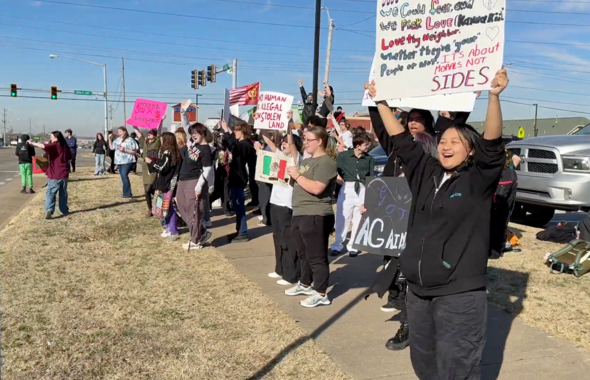 Owasso High School students protest immigration enforcement during a student walkout Feb. 18, 2026.