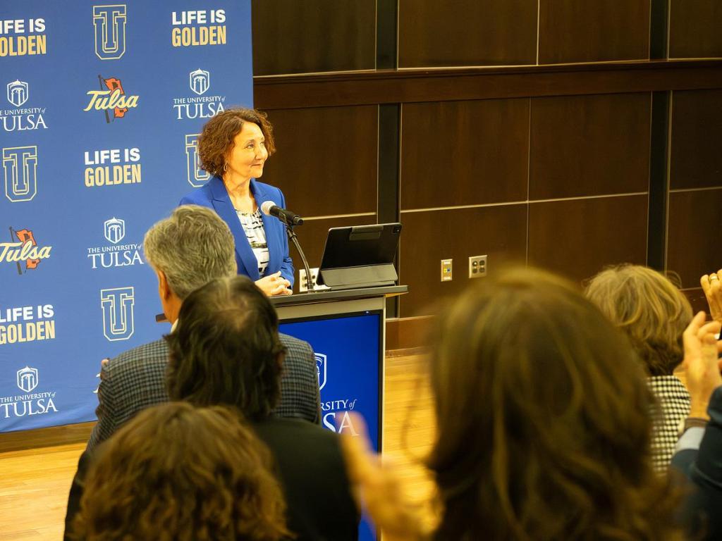Stacy Leeds receives a standing ovation after being introduced as The University of Tulsa's new president on March 11, 2026. Leeds, a Cherokee Nation citizen, is the first woman to lead the private university. 
