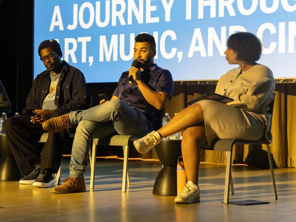 Shawn Edwards, Laron Chapman and Autumn Brown talk during Dreamland Tulsa presents "A Journey Through Art, Music and Cinema" at Philbrook Museum of Art on Feb. 27, 2026. 
