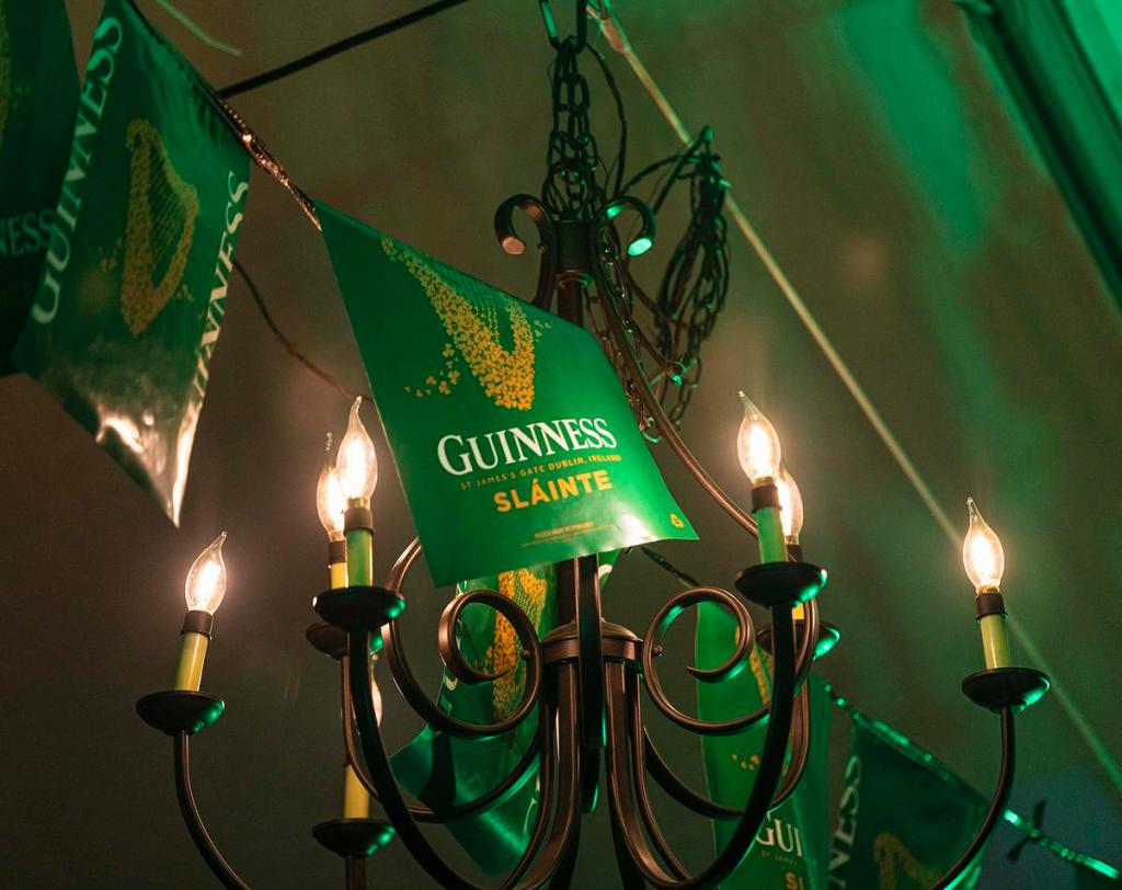 Guinness Flag hanging at St. Patrick's Day block party on Tuesday Mar 17th, 2026.