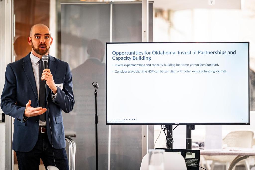 Yonah Freemark of the Urban Institute speaks a Housing Forward event March 5, 2026. Researchers spoke about ways to improve options for affordable housing in Tulsa.