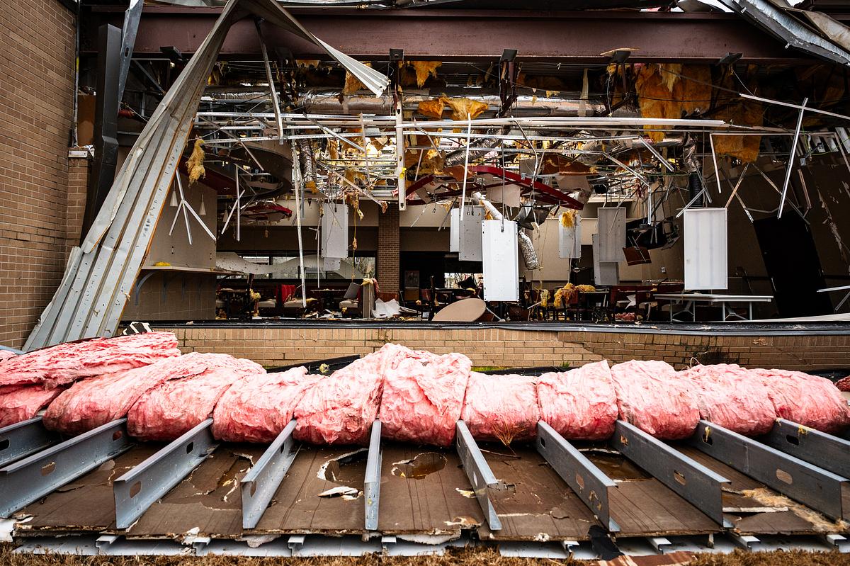 Damage to the Tulsa Tech's Peoria Campus cafeteria is pictured March 7, 2026. A March 6 tornado ripped through campus, causing long-term damage. No one was hurt.