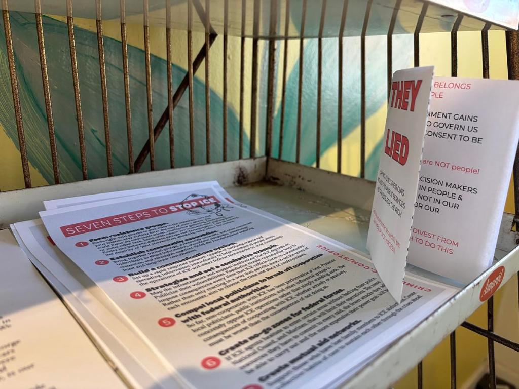 Meadow Market Books has a rack immediately to the right of the door when you first enter the shop on 15th Street in midtown. Tiny zines outlining ways to protest ICE and whistles to signal if ICE is near are available for customers to take for free.