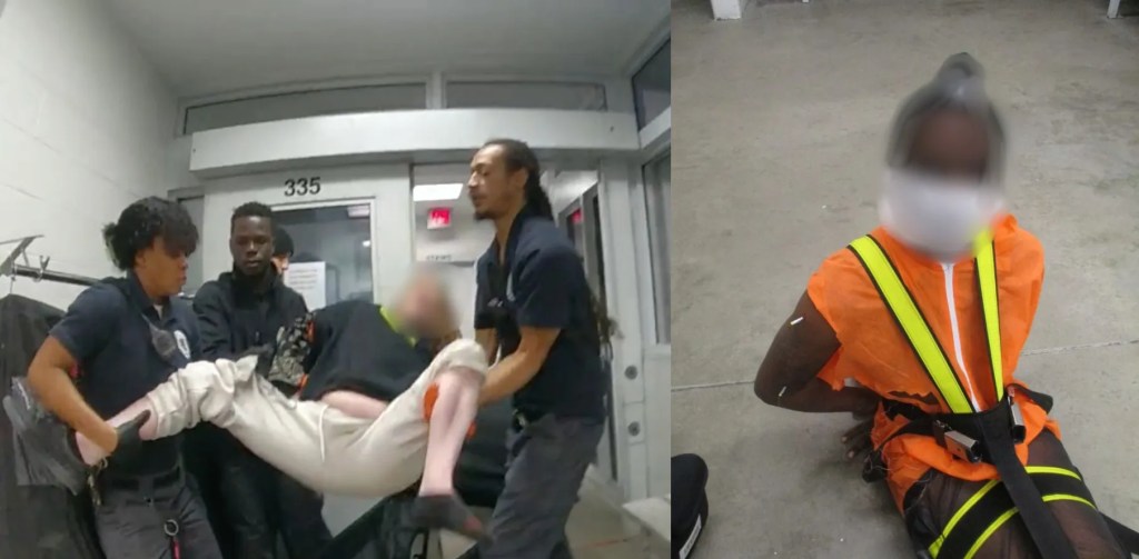 At left, city jail detention officers are seen lifting a detainee into a cart in 2025 in footage from a police officer’s body camera. At right, a detainee is held in a full-body restraint device known as the WRAP in a 2019 photo taken by a detention officer. Last year, a 48-year-old detainee died after being held in the WRAP for about an hour in the city jail.