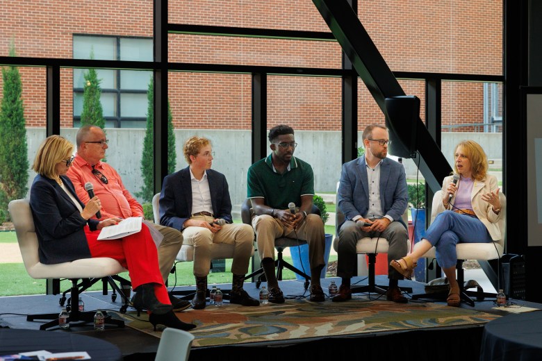 Left to right: Ziva Branstetter, CEO for the Tulsa Flyer; Mike Brose, consultant for the Tulsa Day Center; Garrett Yalch, reporter for The Frontier; Ismael Lele, reporter for The Oklahoma Eagle; Zack Stoycoff, president and CEO of Healthy Minds Policy Initiative; Christine Marsh, executive vice president for Family & Children's Services, hold a panel to discuss mental health care gaps in Oklahoma on March 30, 2026.