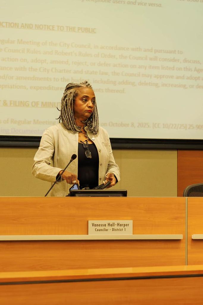 District 1 Councilor Vanessa Hall-Harper rises during an Oct. 23, 2025, council meeting. 