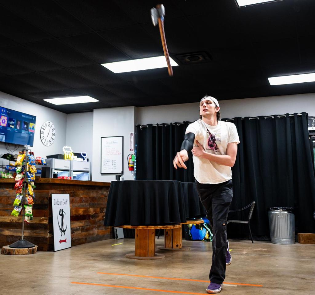 Eli Morton from Claremore practices axe throwing at A&R Axe Throwing and Indoor Golf at on Monday, April 13, 2026. Morton is currently ranked number seven in the world and will be competing in the World Axe Throwing Championships this weekend in Tulsa.