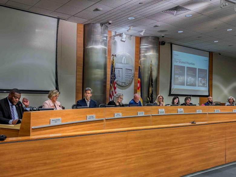 Mayor Monroe Nichols, left, presents his 2026-2027 budget proposal to Tulsa City Council during an April 22, 2026, meeting.