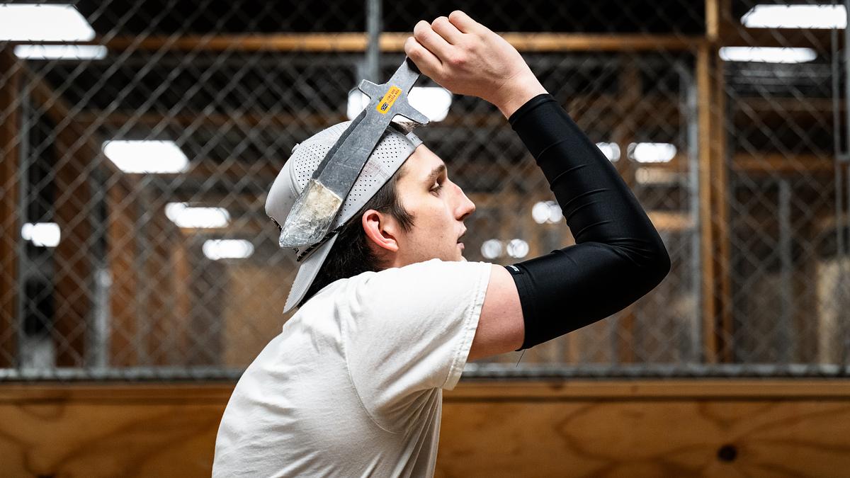 Eli Morton from Claremore practices knife throwing at A&R Axe Throwing and Indoor Golf at on Monday, April 13, 2026. Morton is currently ranked number seven in the world and will be competing in the World Axe Throwing Championships this weekend in Tulsa.