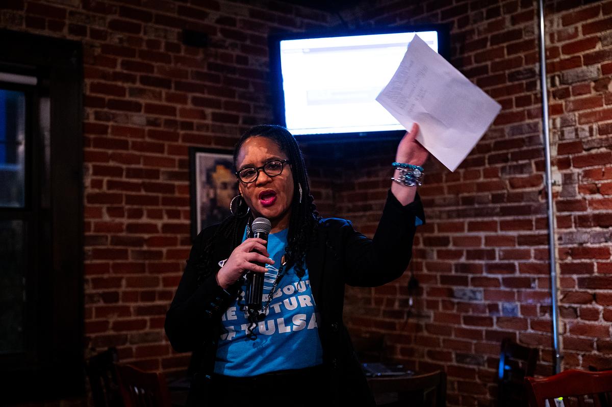 Tulsa Public Schools Superintendent Ebony Johnson speaks after announcing that the Tulsa Public Schools Bond had passed during an election night watch party at McNellie's April 7, 2026.