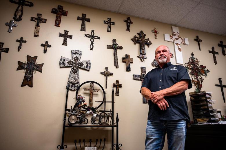 Pastor Dixie Pebworth stands in his office at the Wings of Freedom Saratoga Sober Center in east Tulsa Wednesday, April 14, 2026. The center helps people struggling with addiction get clean and gives them a place to live with their family free of substances.