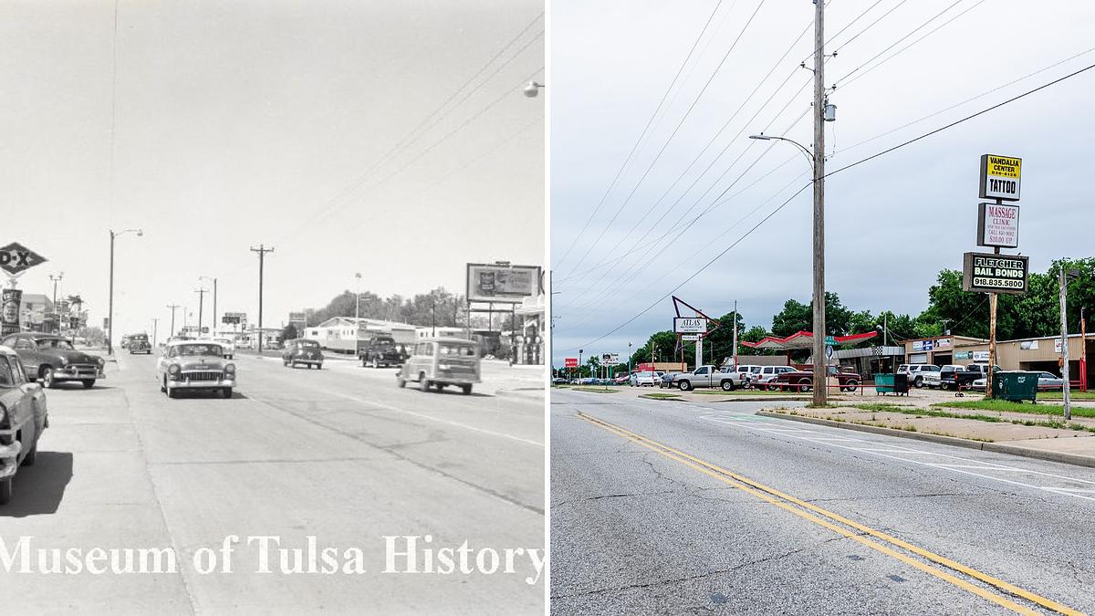 Classic cars filled a stretch of Route 66 in Tulsa, captured by local historian Beryl Ford in 1955. Today, the portion of 11th Street is home to a strip mall and auto shop.