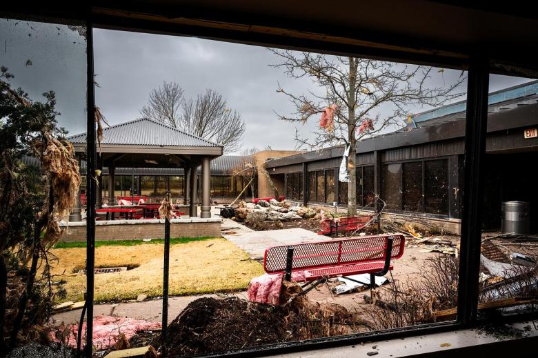 Damage to the Tulsa Tech cafeteria is photographed on Saturday, March 7, 2026. There was damage to the area due to severe storm damage believed to be a tornado.