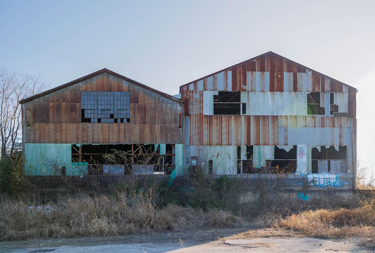 The Evans-Fintube warehouse in north Tulsa, pictured Dec. 9, 2025, is covered in graffiti and trees sprawling through its windows.