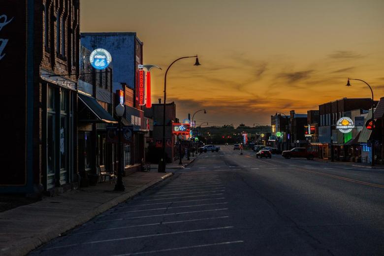 Neon signs along the Main Street corridor on Route 66 in Stroud, Oklahoma on Monday, April 6th, 2026.