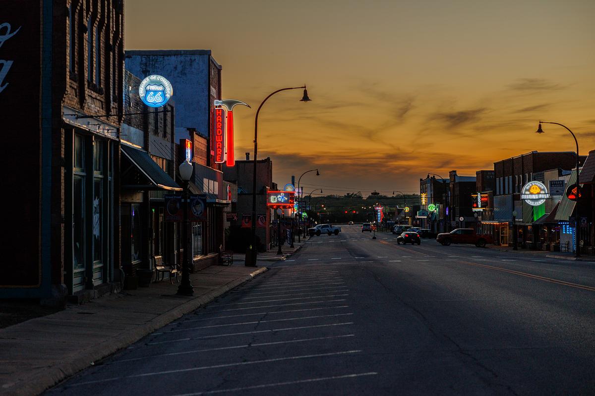 Neon signs along the Main Street corridor on Route 66 in Stroud, Oklahoma on Monday, April 6th, 2026.