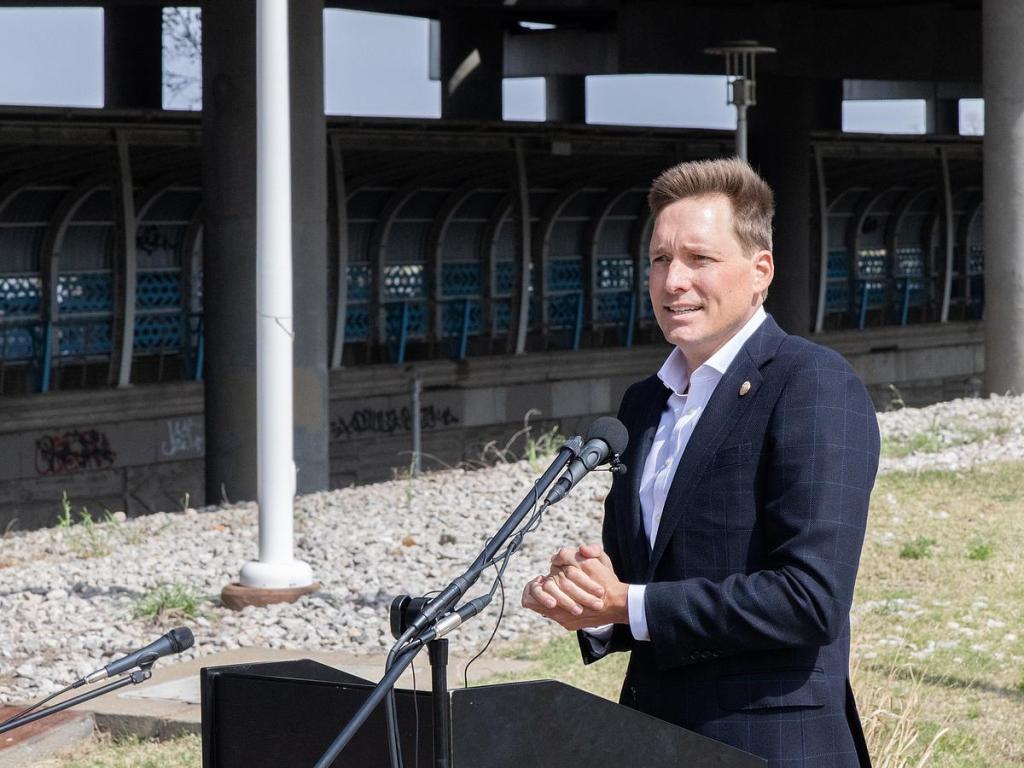 Oklahoma Lt. Gov. Matt Pinnell speaks at the opening of the Route 66 Musical Road on March 31, 2026.