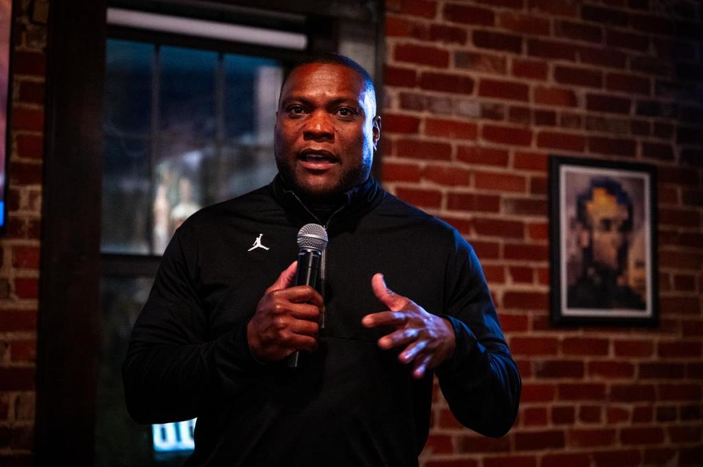 Tulsa Mayor Monroe Nichols speaks during the Tulsa Public Schools bond watch party at McNellie's April 7, 2026.