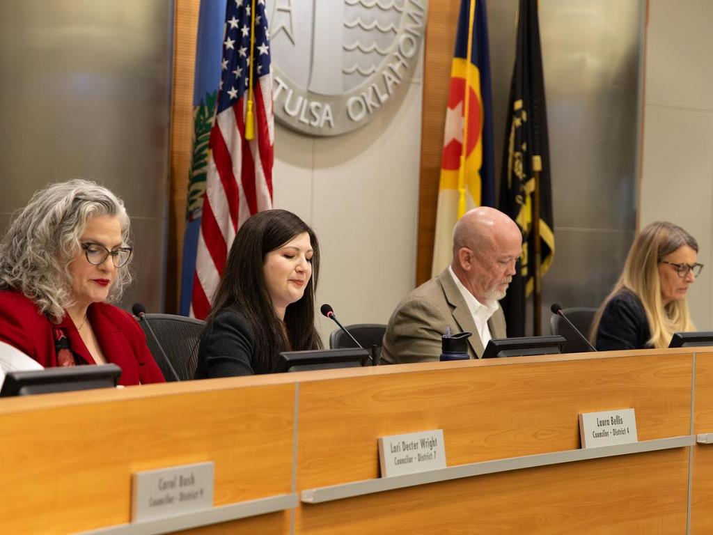 From left to right: Tulsa City Councilors Lori Decter Wright, Laura Bellis, Christian Bengel and Karen Gilbert listen during a Feb. 11, 2026, meeting. 