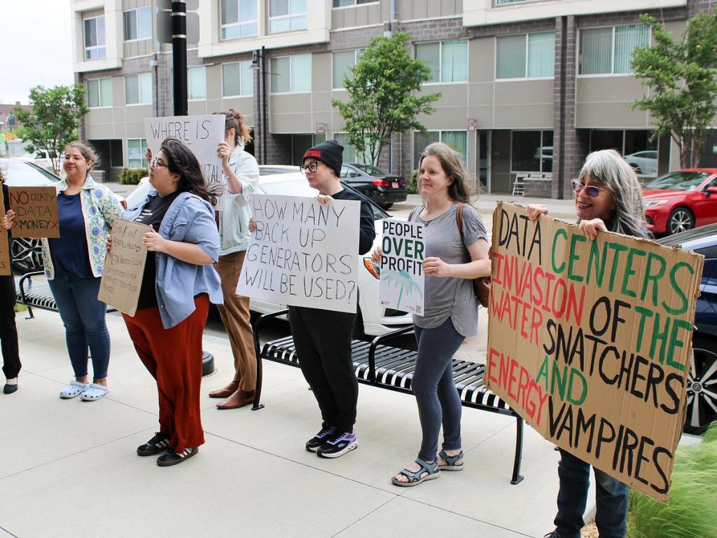 Tulsa residents protest the development of Project Anthem, a $1 billion data center set to be built in east Tulsa, on April 21, 2026. 