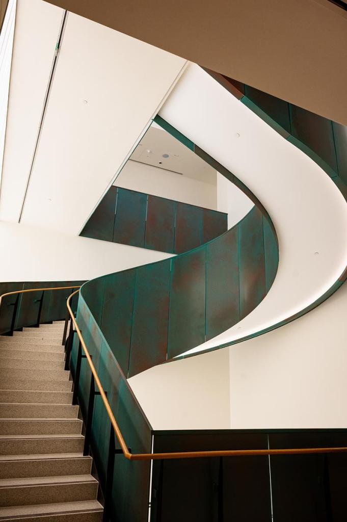 The floating staircase inside of the Gilcrease Museum is photographed on Wednesday, March 25, 2026. The staircase is completely free floating besides the top and bottom attachments. 