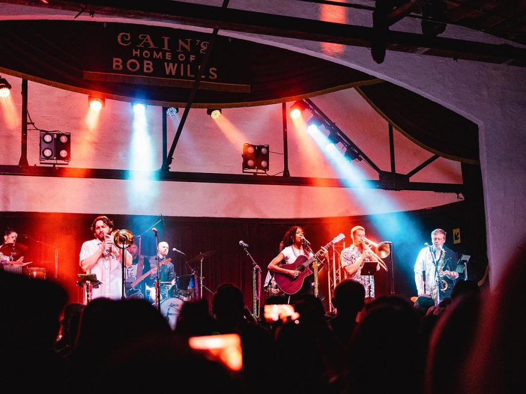 Micaela Young performs with King Cabbage Brass Band at Cain's Ballroom on Feb. 13, 2026.