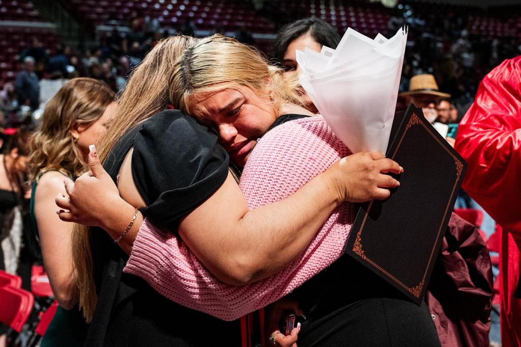 A graduate cries in celebration after the final graduation of Union Adult Learning Center on Tuesday, May 19, 2026. Students either graduated with English as a second language or high school equivalency.