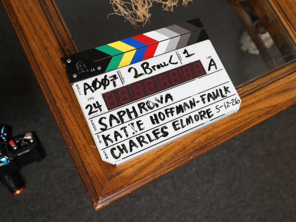 A scene slate from the production of Katie Hoffman-Faulk's "Saphrona" on May 12, 2026.