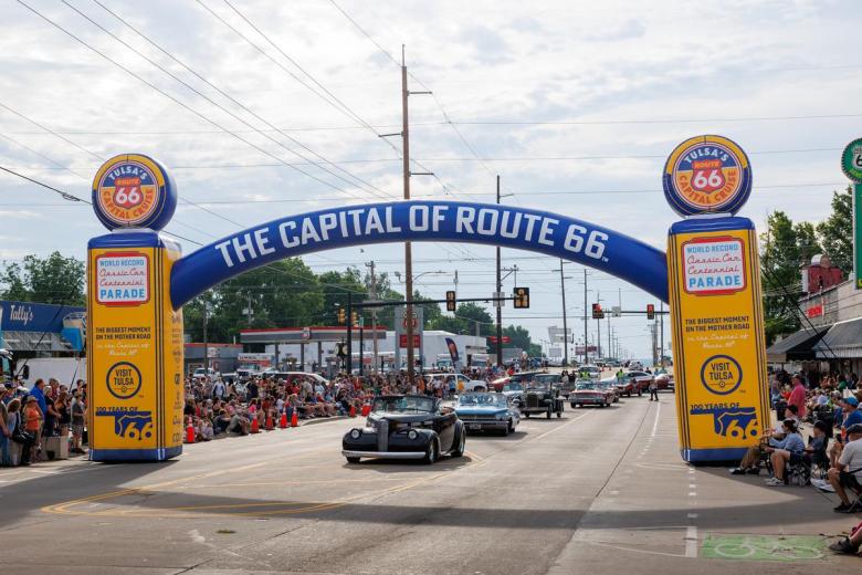 The first car crosses the starting line of the the Route 66 Capital Cruise, a Guinness World Record attempt for the largest classic car parade ever. The starting line began at E. 11th St. and S. Yale Ave in front of Tally's Cafe on Saturday, May 30, 2026.