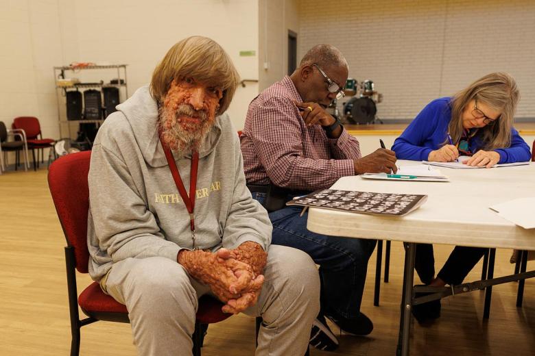 Gary Burke joins in a storytelling class at LIFE Senior Services' Roma Berry Senior Center April 29, 2026. Burke has Neurofibromatosis 1 (NF1), which causes tumors to grow on nerves anywhere in the body.