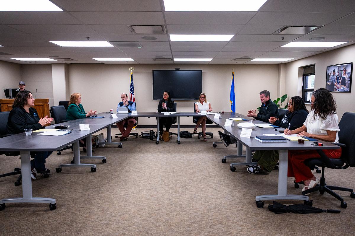 Tulsa Public Schools board members meet April 15, 2026, at The Charles C. Mason Education Service Center.
