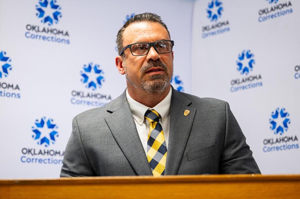 Interim Director of the Oklahoma Department of Corrections Justin Ferris speaks during the press conference after Raymond Eugene Johnson’s execution at the Oklahoma State Penitentiary on Thursday, May 14, 2026. Ferris said the execution went according to policy and was uneventful. 