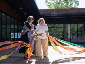 Philbrook Deputy Director Rachel Keith and CEO/President Megan Whittaker Nesbit cut the ribbon to celebrate the grand opening of Tandy Pavilion on May 8, 2026.