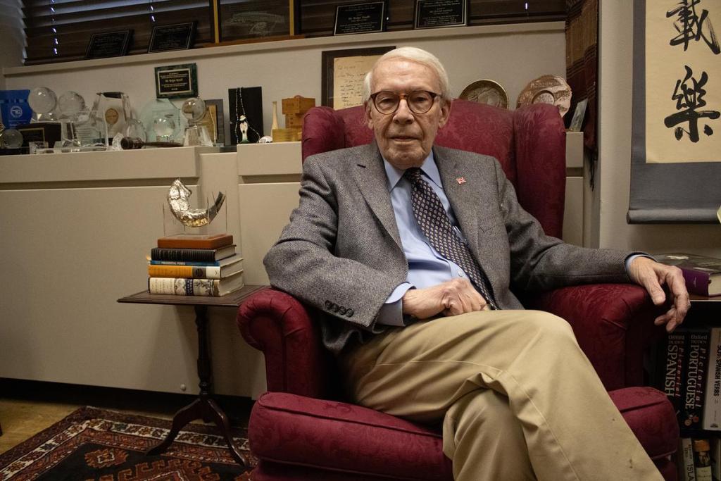  Former Mayor Roger Randle sits inside of his office located at the University of Oklahoma-Tulsa campus on Thursday, May 7, 2026. 
 