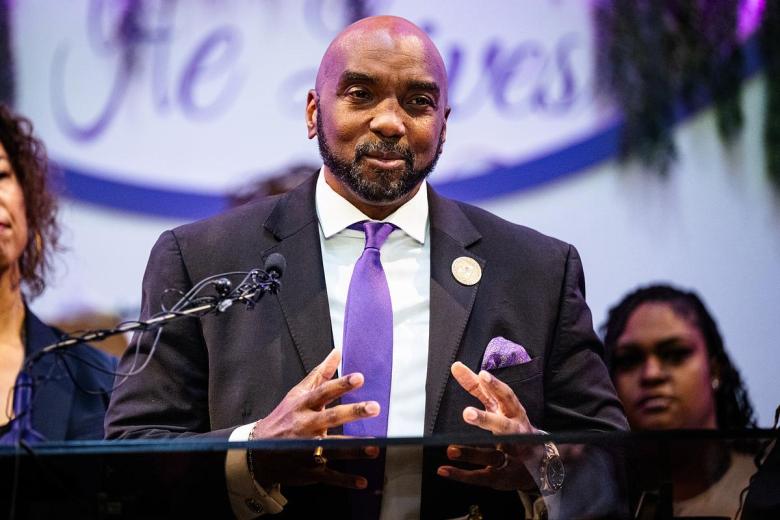 Attorney Damario Solomon-Simmons speaks during a March 31, 2026, press conference at Morning Star Baptist Church in north Tulsa.