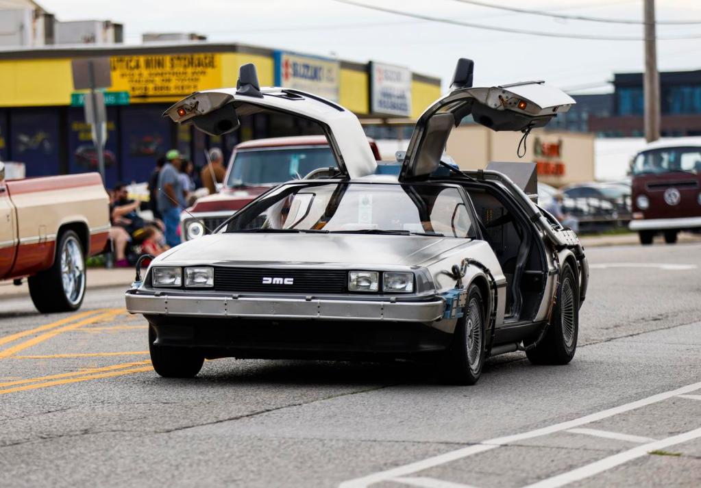 A classic DeLorean makes its way down 11th Street during the Route 66 Capital Cruise May 30, 2026.