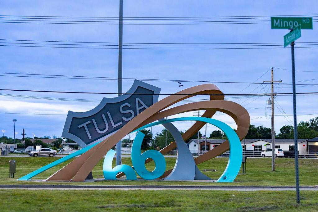 Route 66 Rising sculpture located in the Cyrus Avery Traffic Circle at Admiral and Mingo is pictured April 22, 2026.