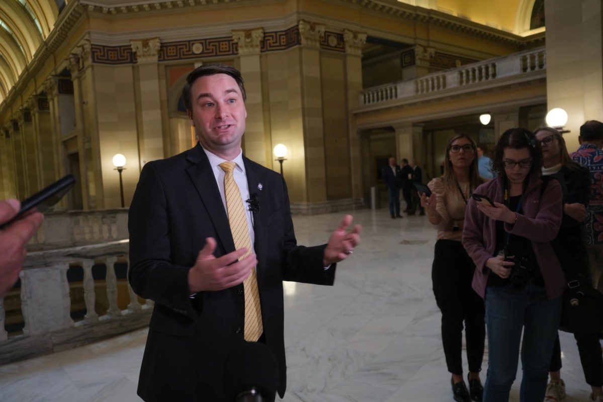 House Speaker Kyle Hilbert, R-Bristow, talks to reporters about his understanding of the Senate’s decision to abruptly end their session until further notice, on May 6, 2026, during a press conference in the Oklahoma State Capitol rotunda.