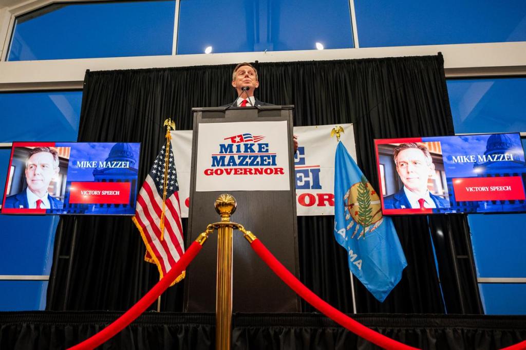 Oklahoma Gubernatorial candidate Mike Mazzei speaks during his watch party at Vinterra Event Venue on Tuesday, June 16, 2026. Mazzei advanced to a runoff against Gentner Drummond.