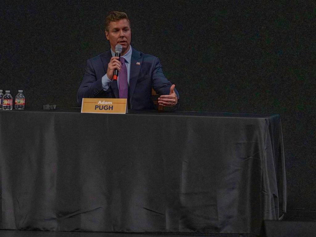 State Sen. Adam Pugh, R-Edmond, explains a point during a question-and-answer session for State Superintendent of Education candidates at the University of Tulsa on June 4, 2026.