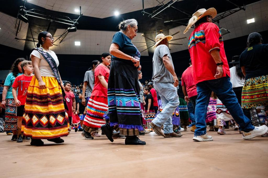 Attendees participate in the stomp dance during the Muscogee Nation Festival in Okmulgee on Thursday, June 25, 2026.