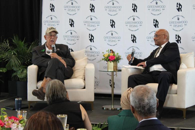 Former Lt. General Russel Honoré discusses community resilience in the aftermath of tragedy with Flyer and Eagle editor Gary Lee at The Vista 21 on June 1, 2026.