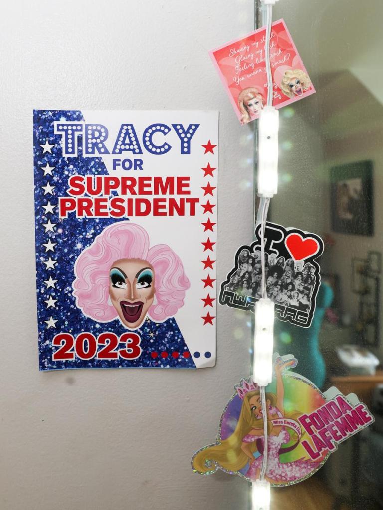 A Tracy La Louisianne sticker among others are used as decorations in Travis Guillory's home drag room.