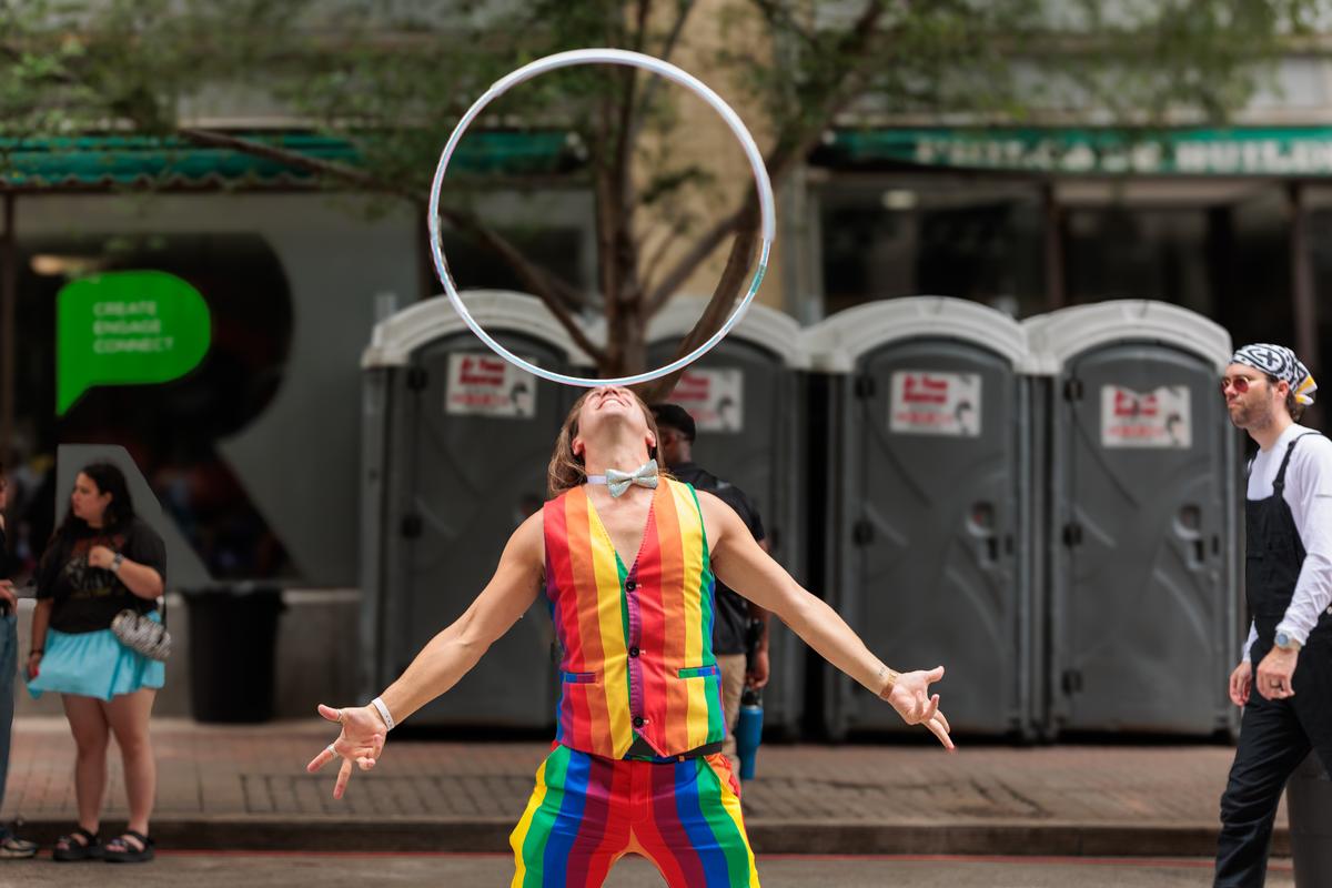 Tulsans gather in downtown Tulsa to celebrate Pride Month for Elote Cafe's weekend-long pride celebration Sunday, June 28, 2026.