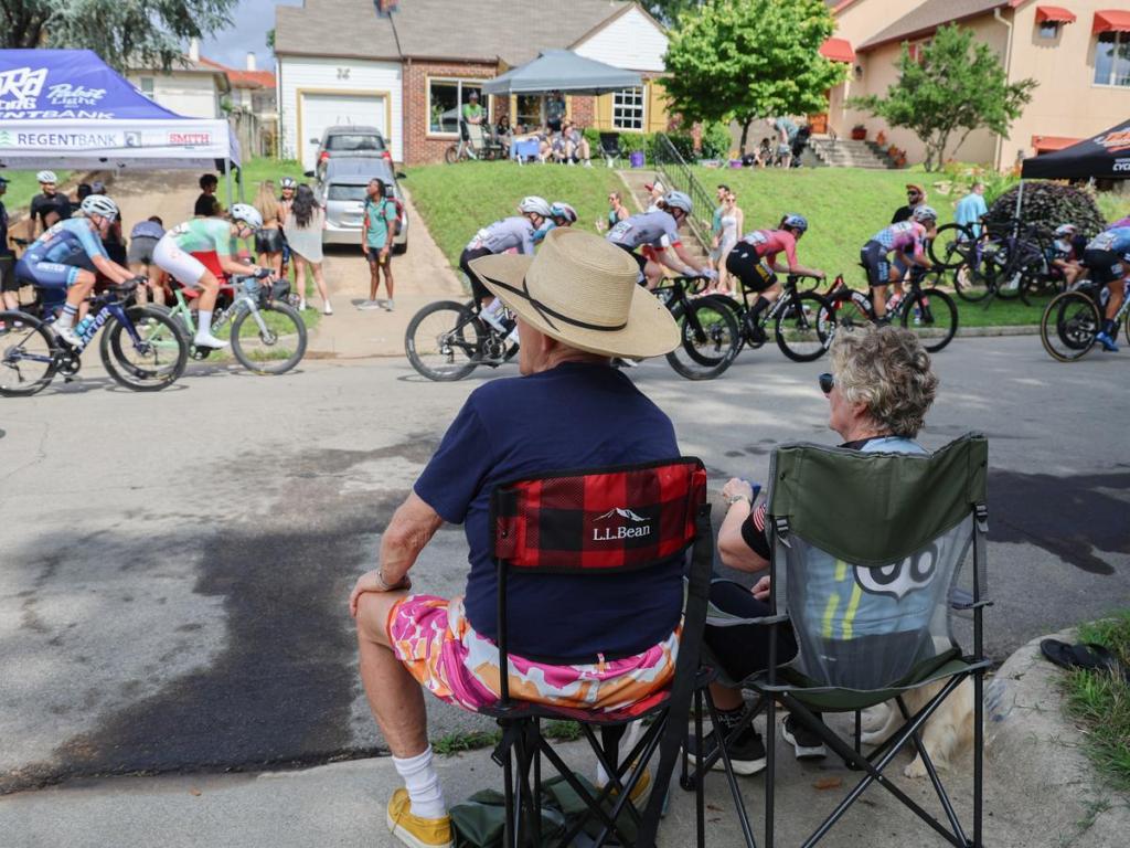 Two spectators watch Sunday's Tulsa Tough racing on Crybaby Hill on June 7, 2026. 