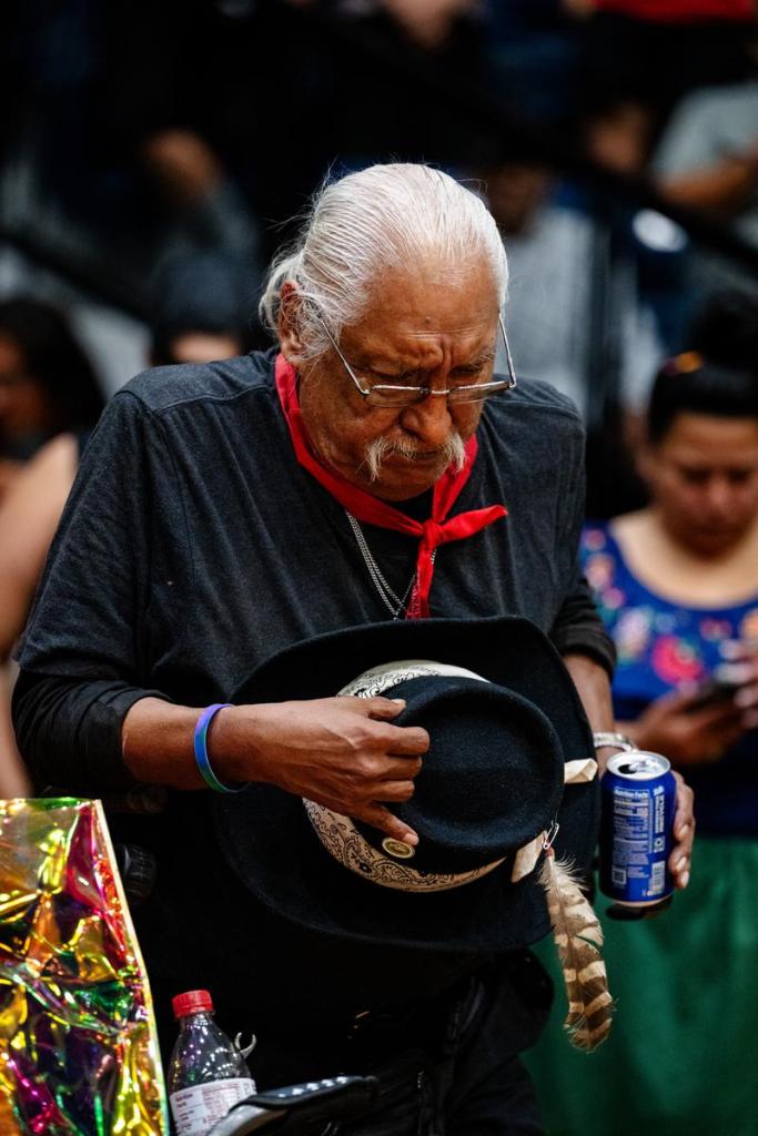 A Muscogee Nation elder prays before the stomp dance during the Muscogee Nation Festival in Okmulgee on Thursday, June 25, 2026.