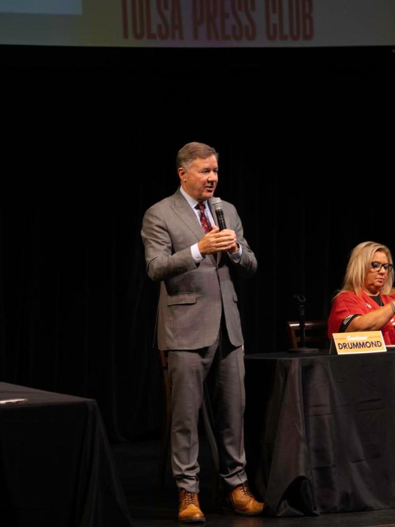 Oklahoma Attorney General Gentner Drummond speaks during a gubernatorial question-and-answer session hosted by the Tulsa Press Club at the University of Tulsa June 2, 2026.