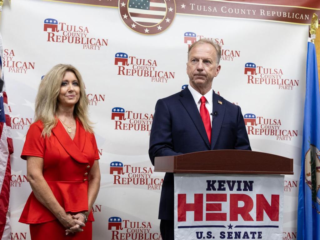 U.S. Rep. Kevin Hern speaks to media after defeating four Republican contenders in the primary election for an open Senate seat on June 16, 2026. His wife, Tammy, joined him at the podium. 